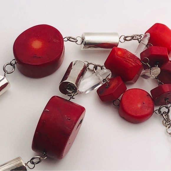 VINTAGE Sterling Coral & Rock Crystal Chunky Statement Necklace 23” - Picture 7 of 10